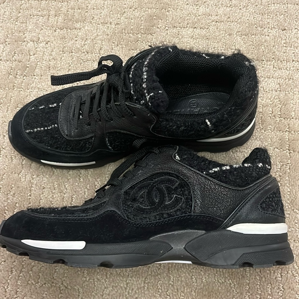 Chanel black suede, tweed and leather sneakers 38